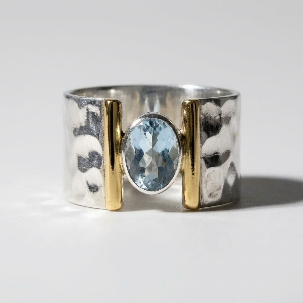 Women's Hammered Blue Stone Ring
