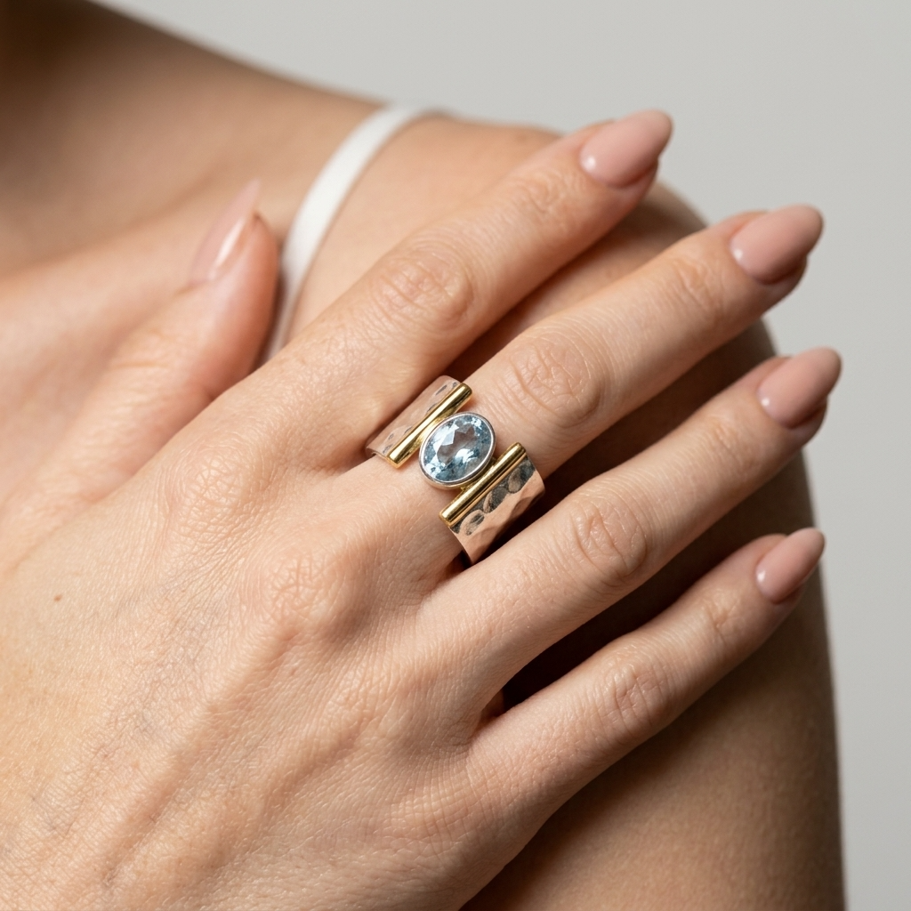 Women's Hammered Blue Stone Ring