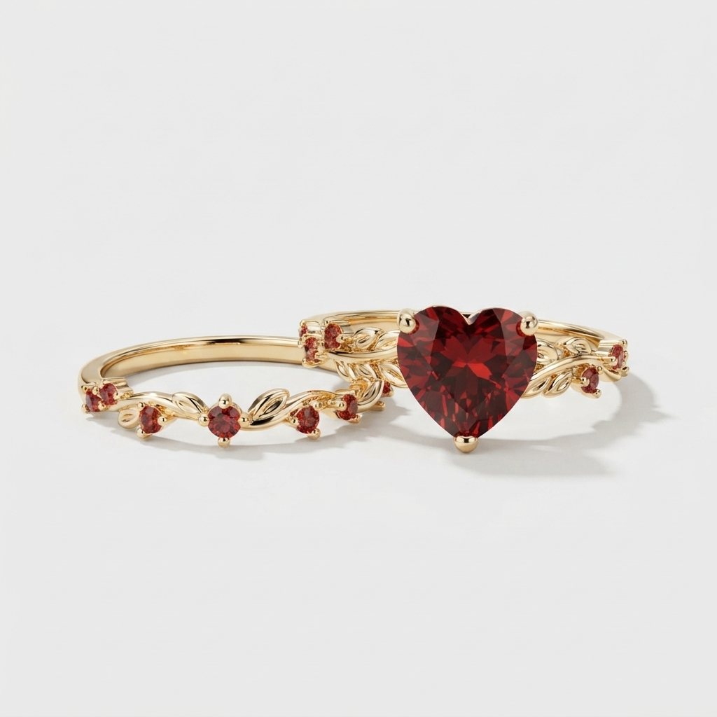 Women's Heart Red Stone Ring Set