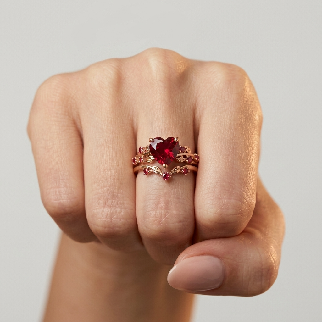 Women's Heart Red Stone Ring Set