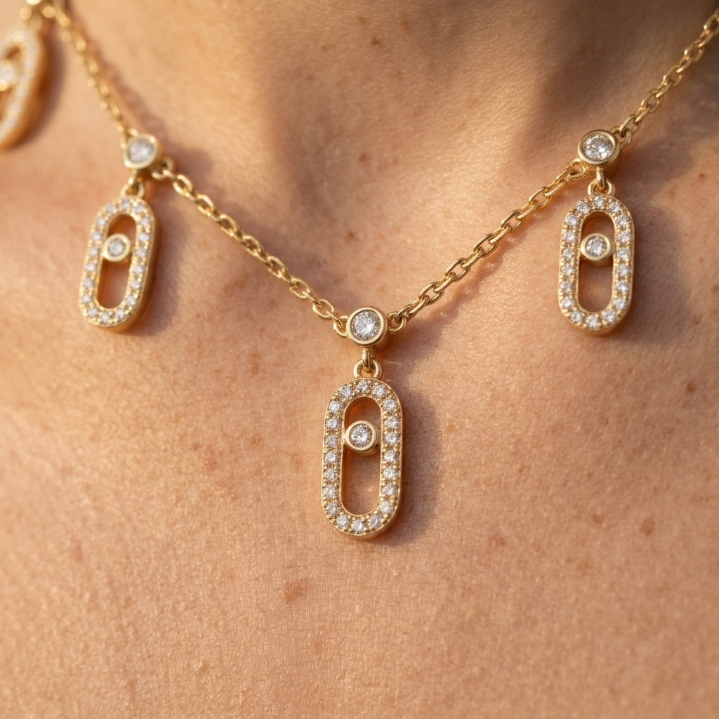 Women's Layered Crystal Paperclip Charm Necklace