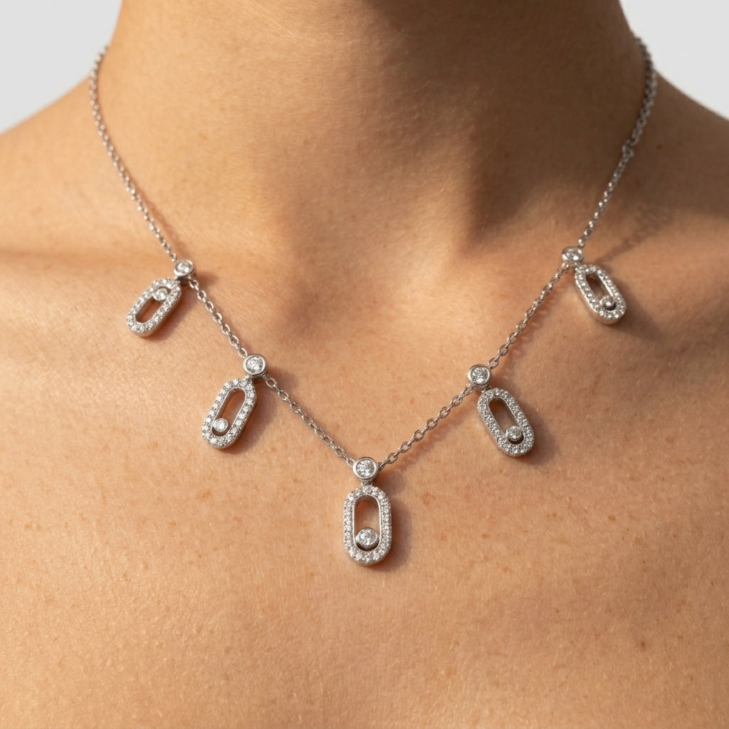 Women's Layered Crystal Paperclip Charm Necklace