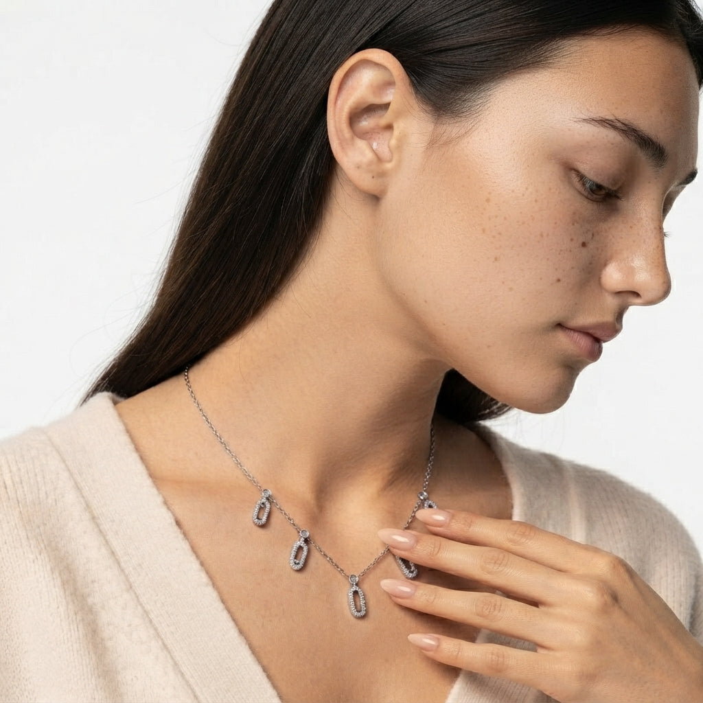 Women's Layered Crystal Paperclip Charm Necklace