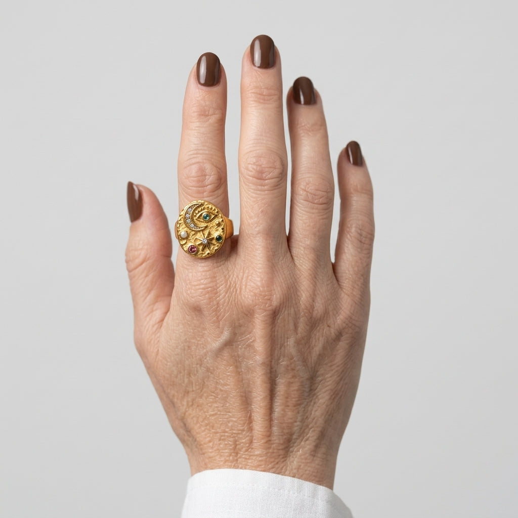 Women's Moon and Star Signet Ring