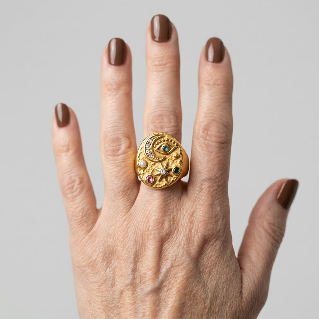 Women's Moon and Star Signet Ring