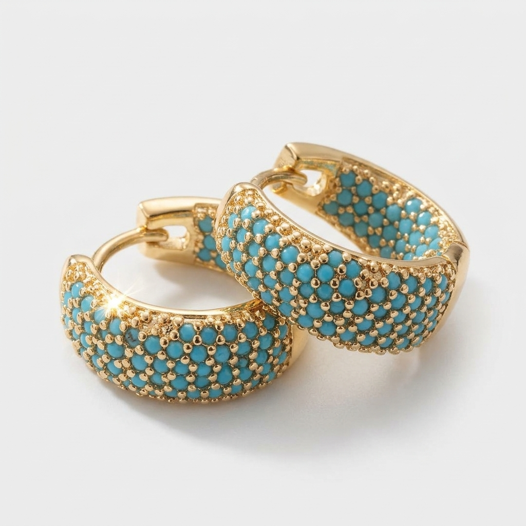 Women's Pave Blue Stone Huggie Hoop Earrings