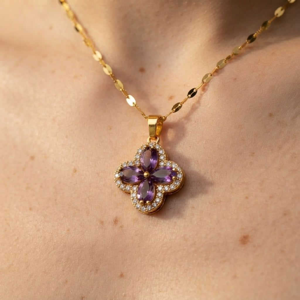 Women's Purple Stone Clover Necklace