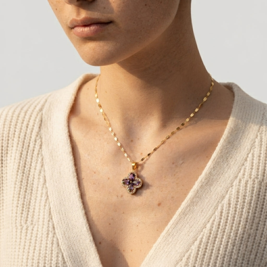 Women's Purple Stone Clover Necklace