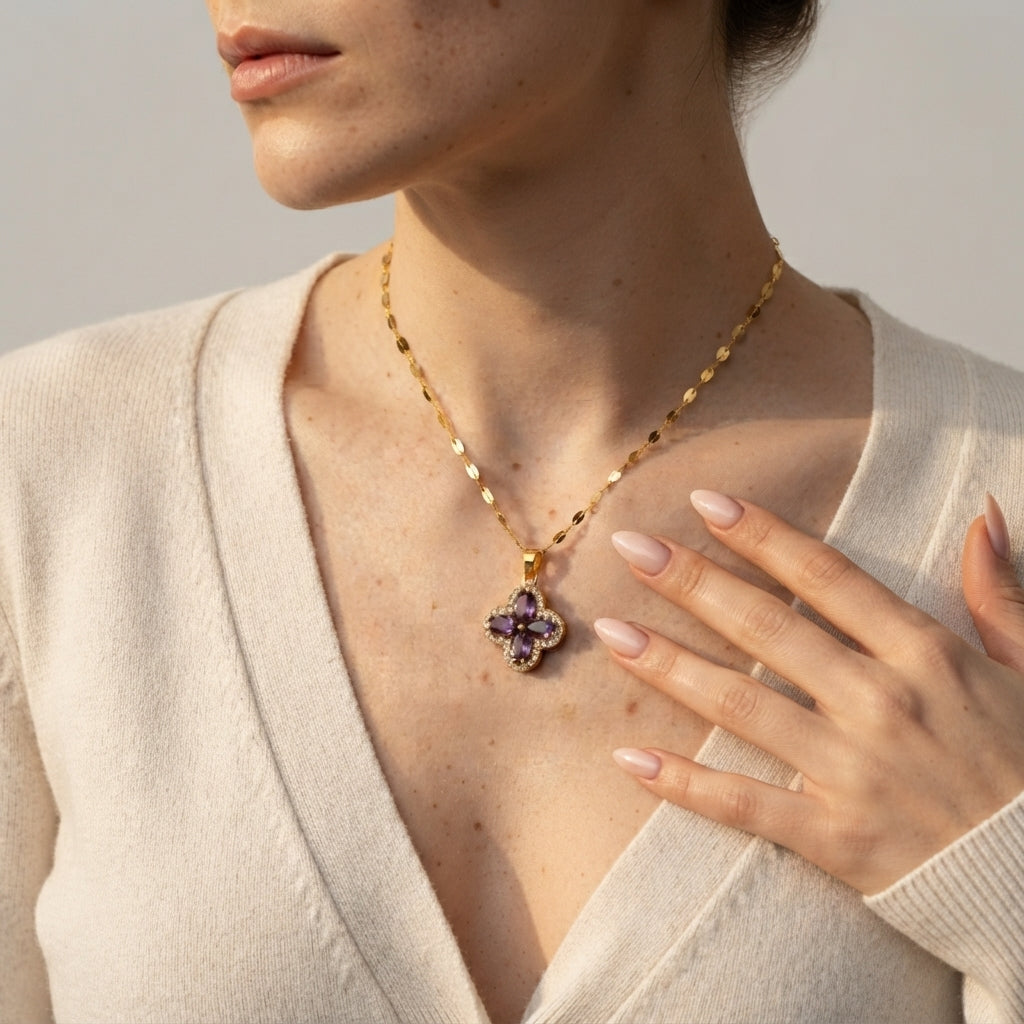 Women's Purple Stone Clover Necklace