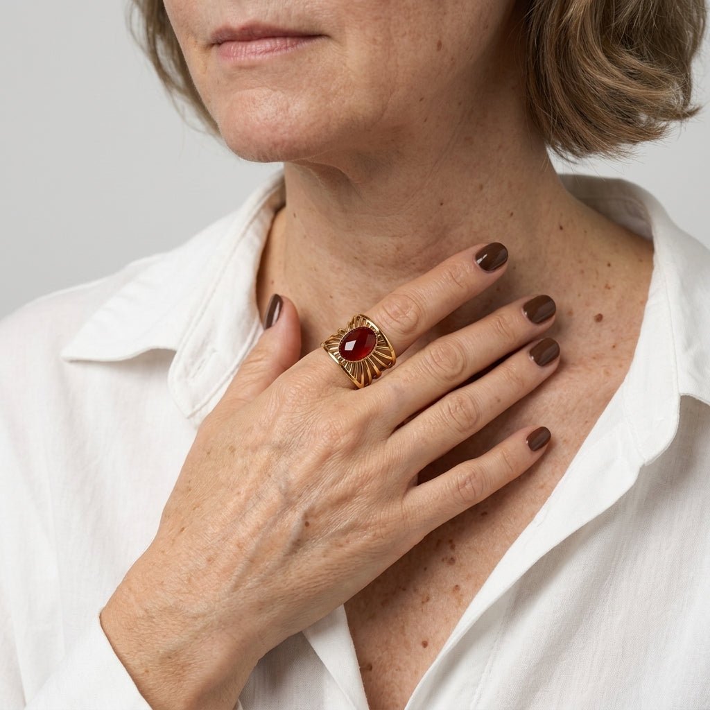Women's Red Stone Sunburst Ring