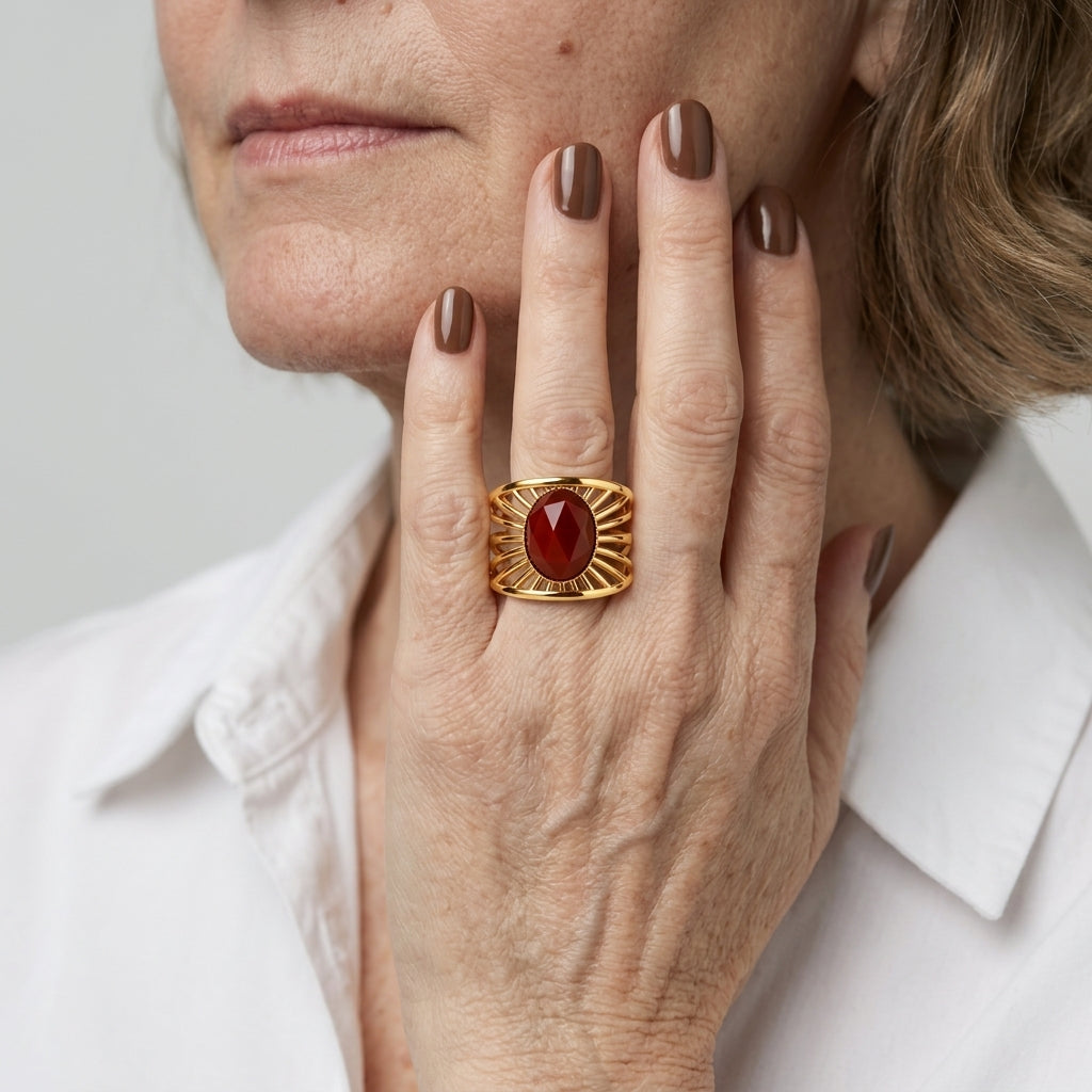 Women's Red Stone Sunburst Ring