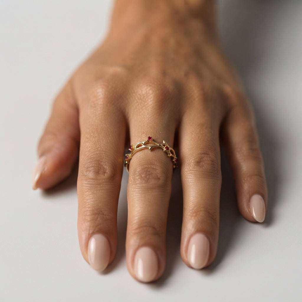 Women's Red Stone Textured Band Ring