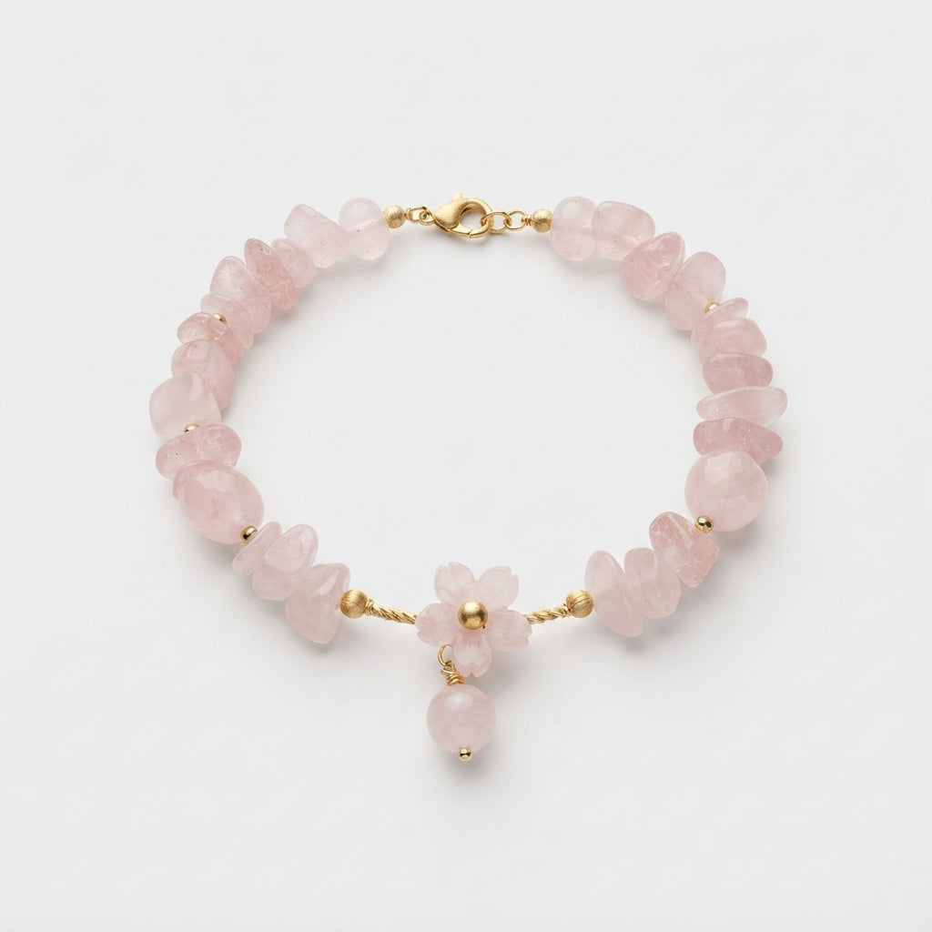 Women's Rose Quartz Floral Charm Beaded Bracelet