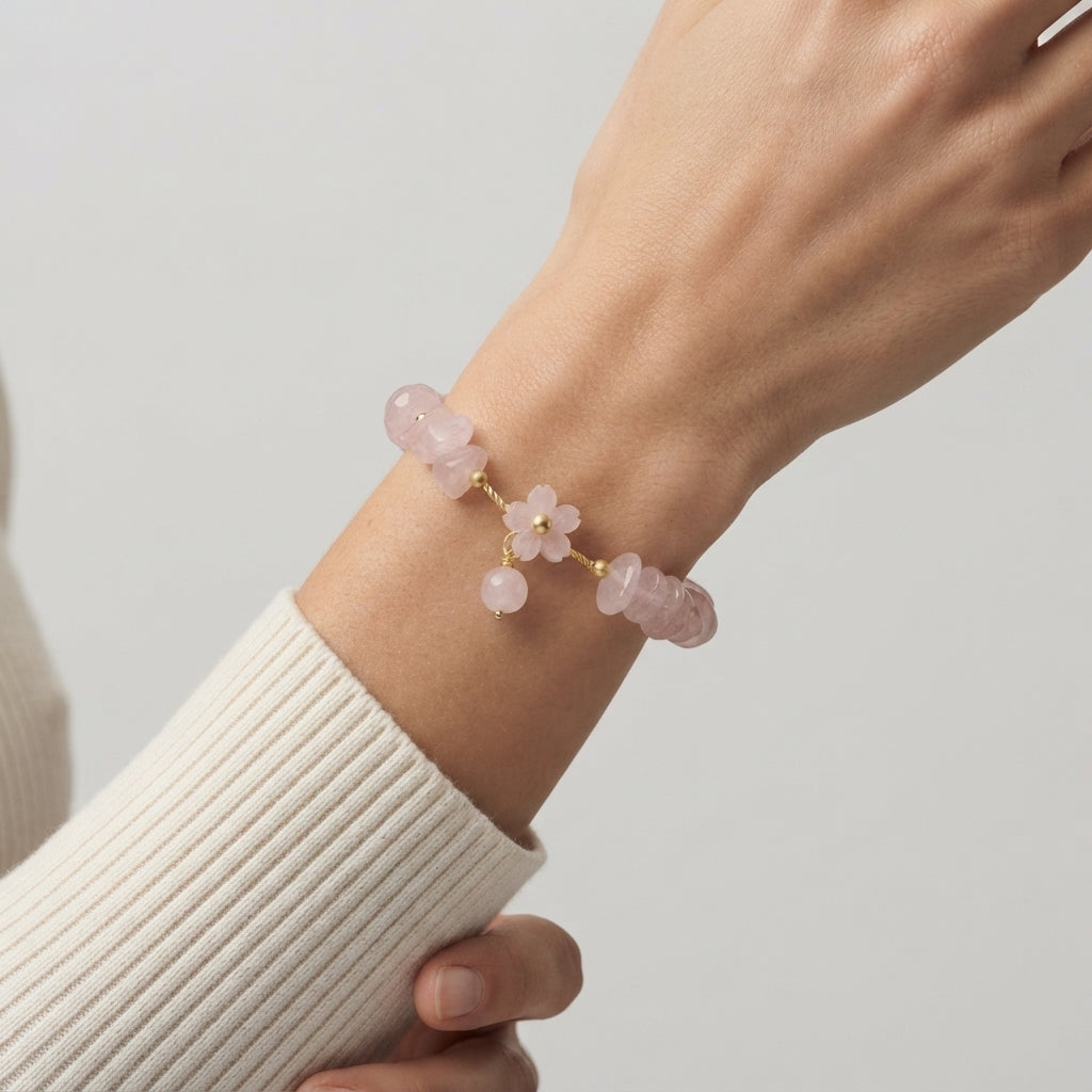 Women's Rose Quartz Floral Charm Beaded Bracelet