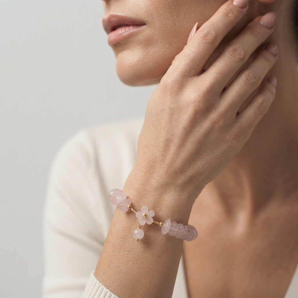 Women's Rose Quartz Floral Charm Beaded Bracelet