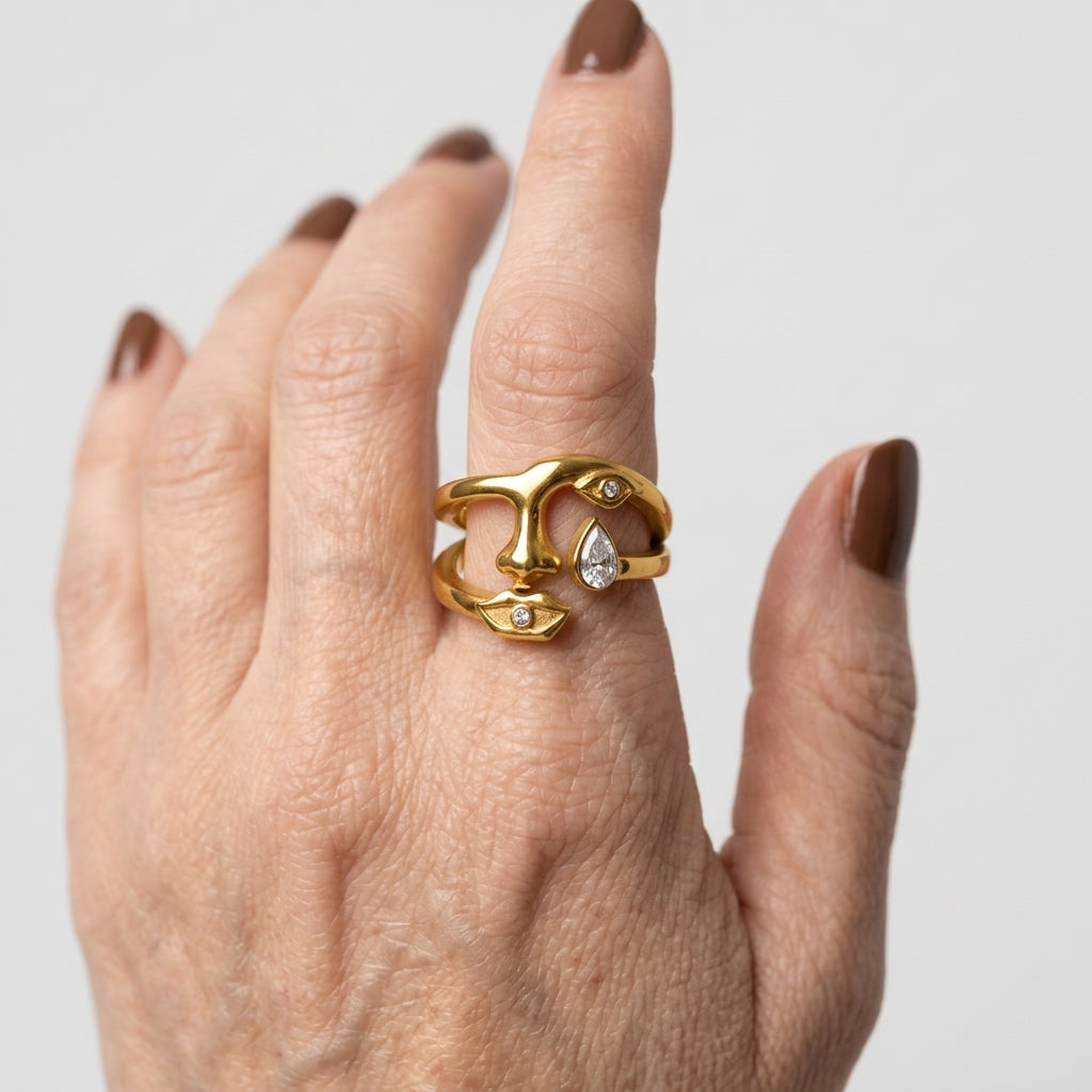 Women's Sculpted Face Crystal Ring