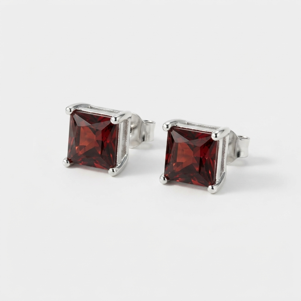 Women's Square Red Stone Stud Earrings