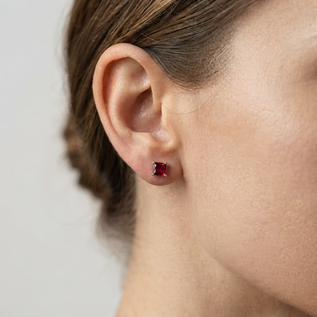 Women's Square Red Stone Stud Earrings