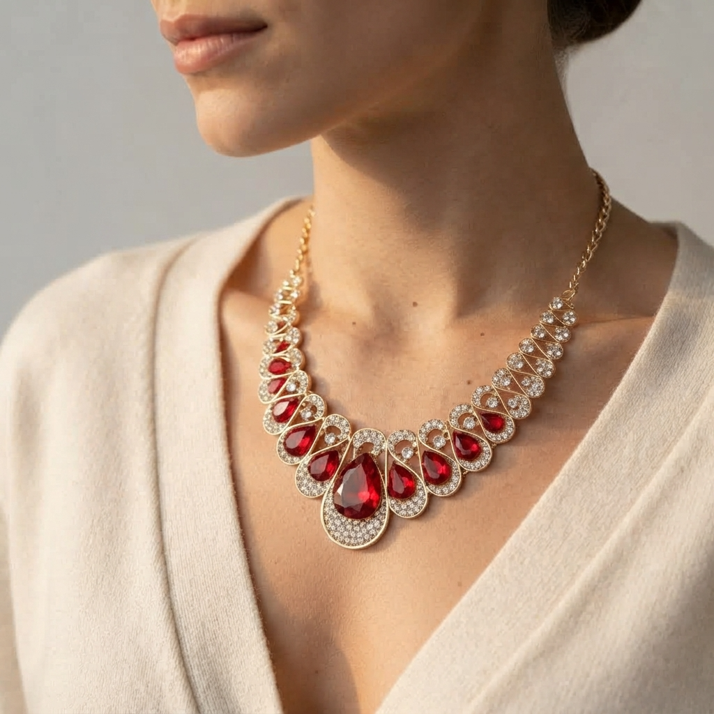 Women's Statement Red Stone Necklace Set