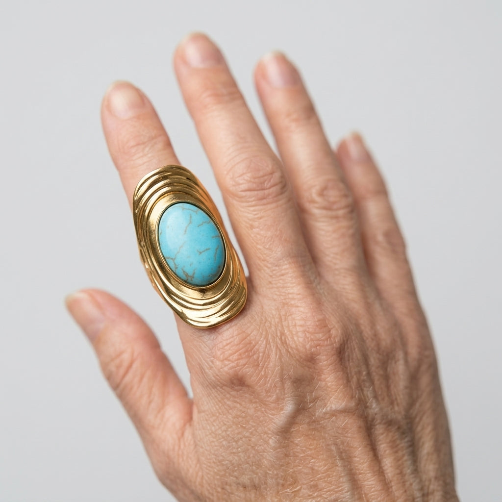 Women's Turquoise Stone Ridged Shield Ring