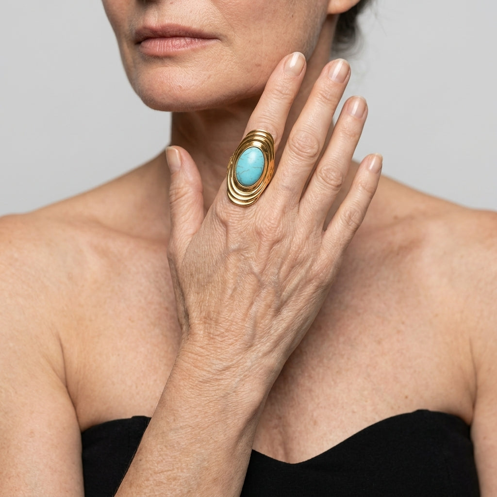 Women's Turquoise Stone Ridged Shield Ring