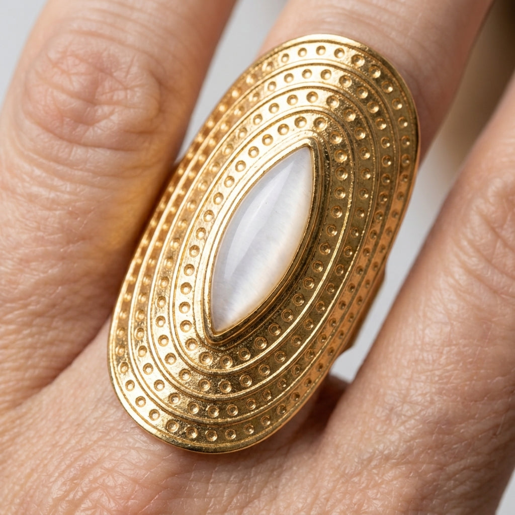 Women's White Stone Engraved Shield Ring